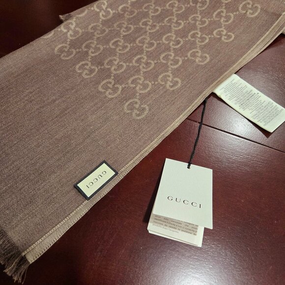 GUCCI GG Jacquard Wool/Silk Scarf - Brown - Picture 6 of 7